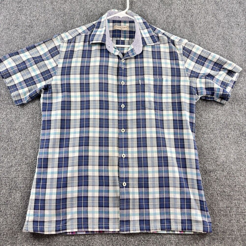 PARKLAND Shirt Mens 100 S M Blue Teal Plaid Short Sleeve Button Down Korean